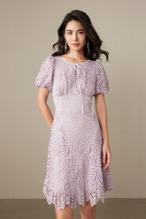 Purple Short Lace Dress with Puff Sleeves